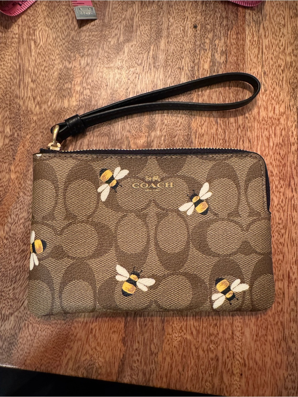 Coach Brown Signature Bee Print Wristlet with Black Strap